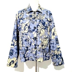 Sara Studio Women's Size Large Button-Up Jacket Blue Beige Floral 100% Cotton